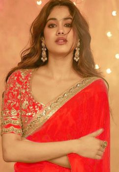 Red Plain Body Embroidery Work Chiffon Saree