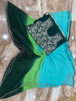 Lite Green And Blue Stripes Zari weaving Georgette Saree