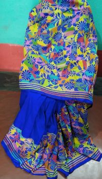 Blue kantha Art Silk Flower Design Saree From Bengal