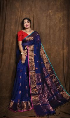 Midnight Blue Pure Handloom Banarasi Silk Saree From Bengal