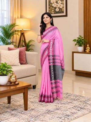 Pink Pure Handloom Cotton Saree From Bengal