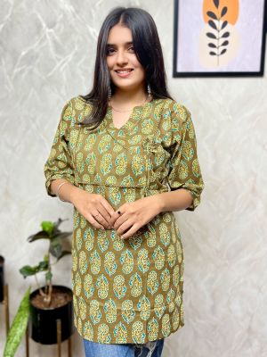 Green Yellow Pure Handloom Printed Kurti From Bengal