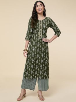 Mehndi Green Kurta Palazzo Set Poly Cotton Foil Print Round Neck