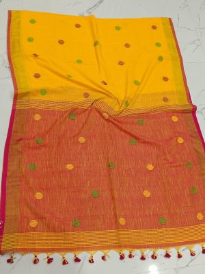Orange Yellow Pure Handloom Cotton Saree From Bengal