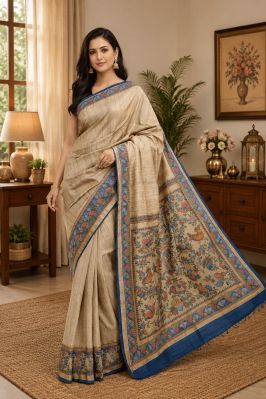 Cream Classic Madhubani Pure Handloom Women Tassar Silk Saree
