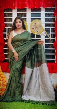 Sea Green Pure Handloom Cotton Saree From Bengal