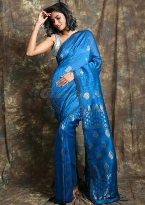 Royal Blue Pure Handloom Linen By Linen Saree From Bengal