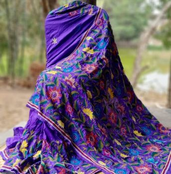 Blue Kantha Embroidery Bangalore silk Saree From Bengal