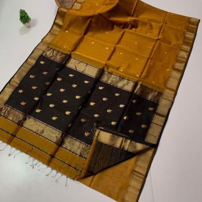 Golden Black Pure Handloom Maheshwari Silk Cotton Saree From Bengal