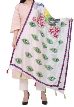 White Art Silk Peacock Design Dupatta