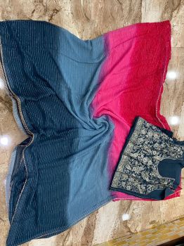 Pink And Blue Stripes Zari weaving Georgette Saree