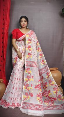 White Pure Handloom Dhakai Jamdani Saree From Bengal