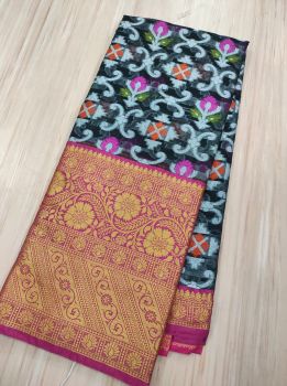 Black Peacock Design Cotton Alif Patola Saree
