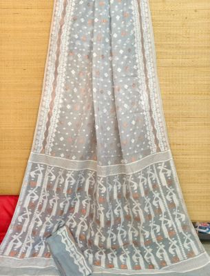Gray Pure Handloom Dhakai Jamdani Saree From Bengal