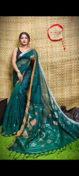 Dark Teal Green Pure Handloom Linen By Linen Saree From Bengal