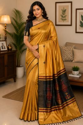 Yellow Elegant Pure Handloom Dupion Raw Silk Saree From Bhagalpur