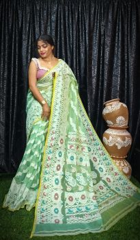 Mint Green Pure Handloom Jamdani Saree From Bengal
