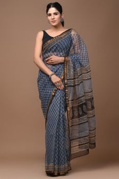 Dove Grey Hand Block Kota Doriya Printed Leaf Design Saree