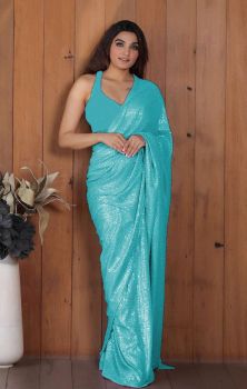 Blue Motifs Sequence Embroidery Sequence Work Georgette Saree