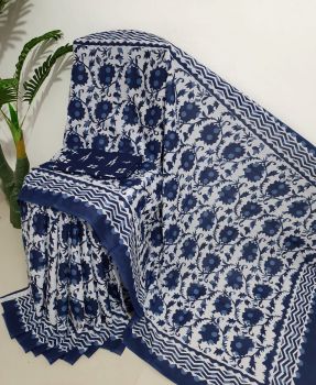 Navy Blue White Hand Block Printed Work Saree