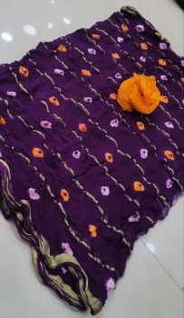 Dark Purple Bandhej Hand Made Pure Georgette Saree