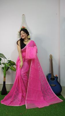 Pink Pure Handloom Cotton Saree From Bengal