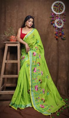 Parrot Green Pure Handloom Silk Cotton Saree From Bengal