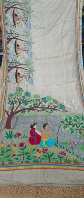 Off White Pure Handloom Kantha Silk Saree From Bengal