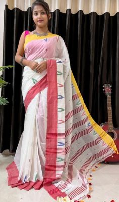 White Pure Handloom Silk Cotton Saree From Bengal