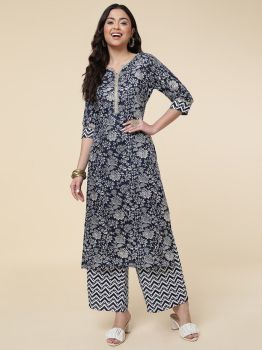 Tealish Blue Kurta Palazzo Set Poly Cotton Foil Print Round Neck