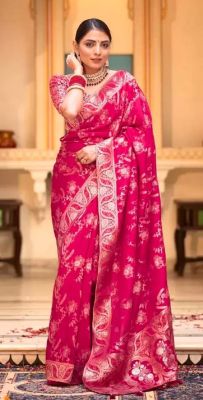 Dark Pink Pure Handloom Embellished Silk Saree From Banaras