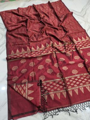 Maroon Pure Handloom Silk Cotton Saree From Bengal