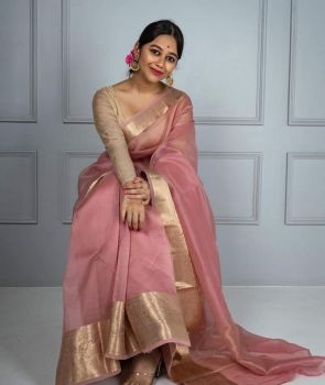 Light Pink Plain Body Pure Handloom Organza Saree