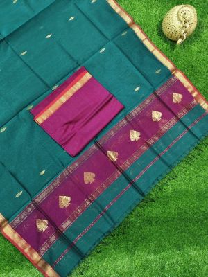 Teal Pure Handloom Maheshwari Silk Cotton Saree From Bengal