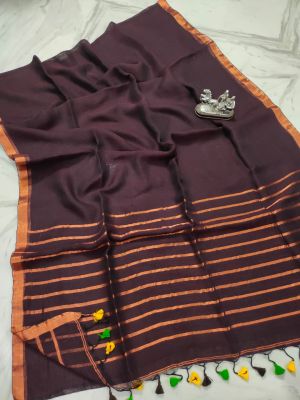 Brown Pure Handloom Linen By Linen Saree From Bengal