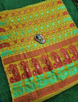Dark Mustard Dhakai Jamdani Saree From Rajasthan