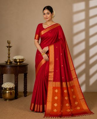 Red Orange Pure Handloom Maheshwari Silk Cotton Saree From Bengal