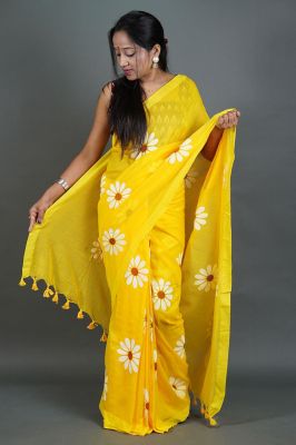 Yellow Pure Handloom Cotton Saree From Bengal