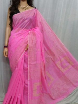 Pink Pure Handloom Silk Cotton Saree From Bengal