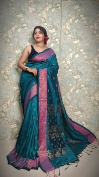 Aqua Blue Pure Handloom Banarasi Cotton Saree From Bengal