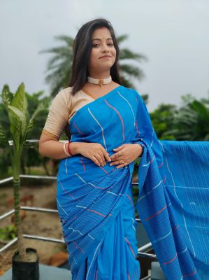 Royal Blue Pure Handloom Kantha Stitch Cotton Saree From Bengal