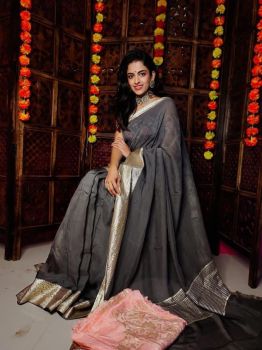 Dark Brown Plain Body Pure Organza Silk Saree With Zari Border And pallu
