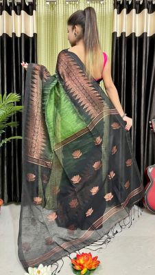 Green Black Pure Handloom Linen By Linen Saree From Bengal