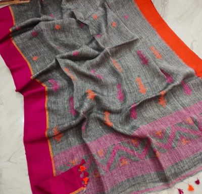 Gray Pure Handloom Linen By Linen Saree From Bengal