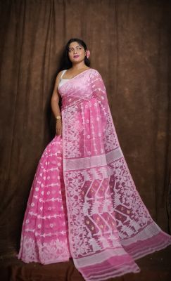 Pink Pure Handloom Dhakai Jamdani Saree From Bengal