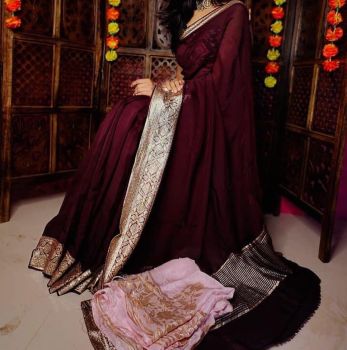 Maroon Plain Body Pure Organza Silk Saree With Zari Border And pallu