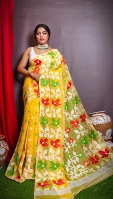 Yellow Pure Handloom Dhakai Jamdan Saree From Bengal