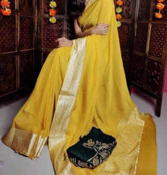 Yellow Plain Body Pure Organza Silk Saree With Zari Border And pallu