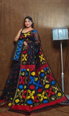 Black Pure Handloom Dhakai Jamdani Saree From Bengal