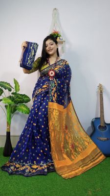 Blue Yellow Pure Handloom Dhakai Jamdani Saree From Bengal